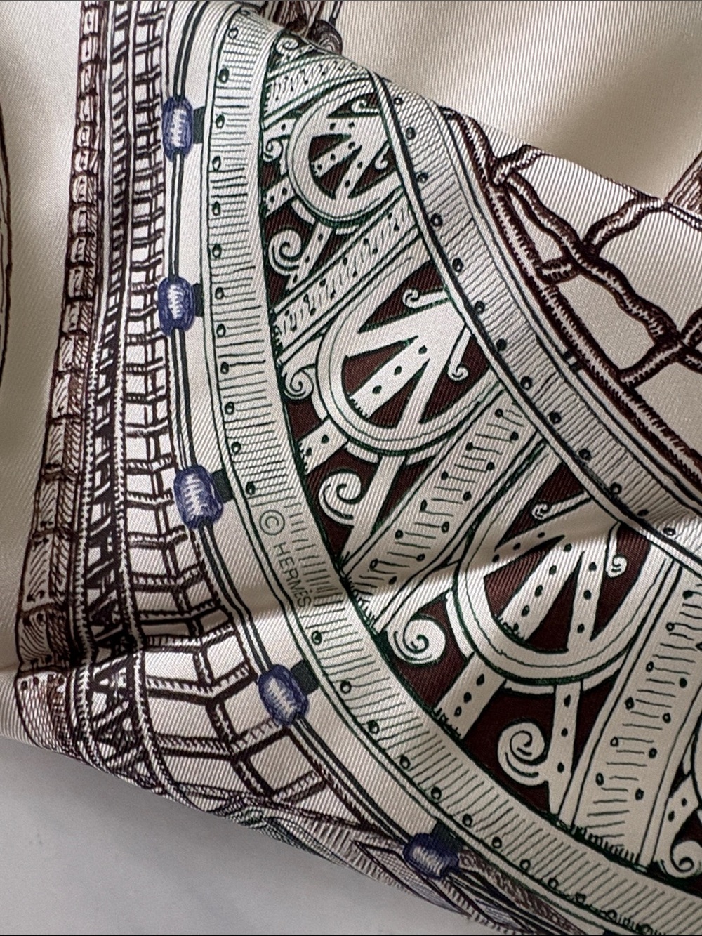 Hermes Ivory, Green & Brown Silk Scarf - Architectural Motif - Picture 9 of 11